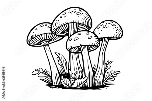 Fly agaric or amanita mushrooms group growing in grass engraving style. Vector illustration.