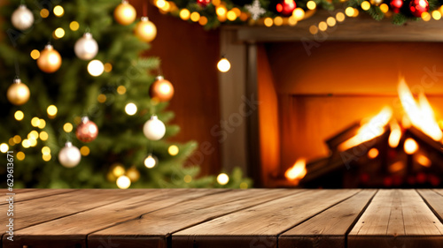 blurred background of xmas tree in home and wooden desk space