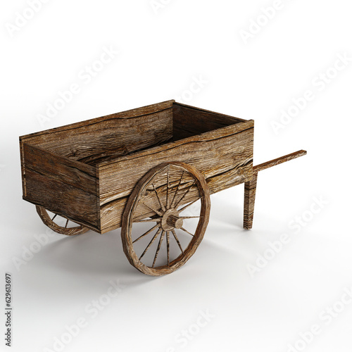 3D rendering of a wooden cart against a crisp white background.