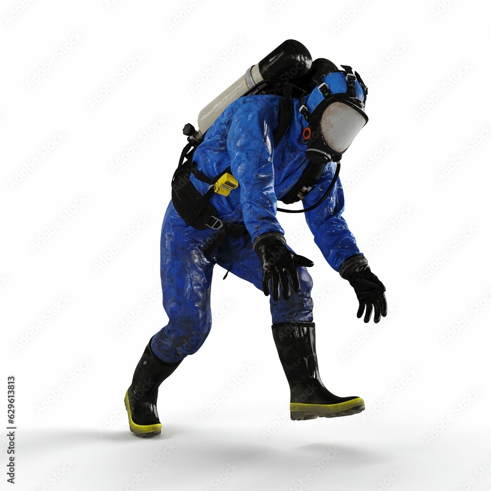 Man wearing a protective chemical suit against a white background - 3D render illustration Man wearing a protective chemical suit against a white background - 3D render illustration