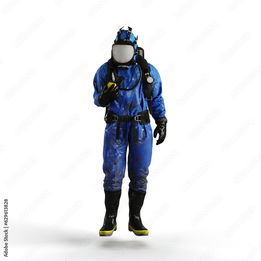 Man wearing a protective chemical suit against a white background - 3D render illustration Man wearing a protective chemical suit against a white background - 3D render illustration
