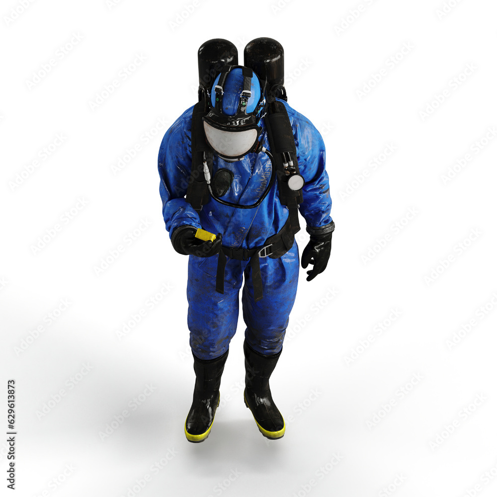 Man wearing a protective chemical suit against a white background - 3D render illustration Man wearing a protective chemical suit against a white background - 3D render illustration