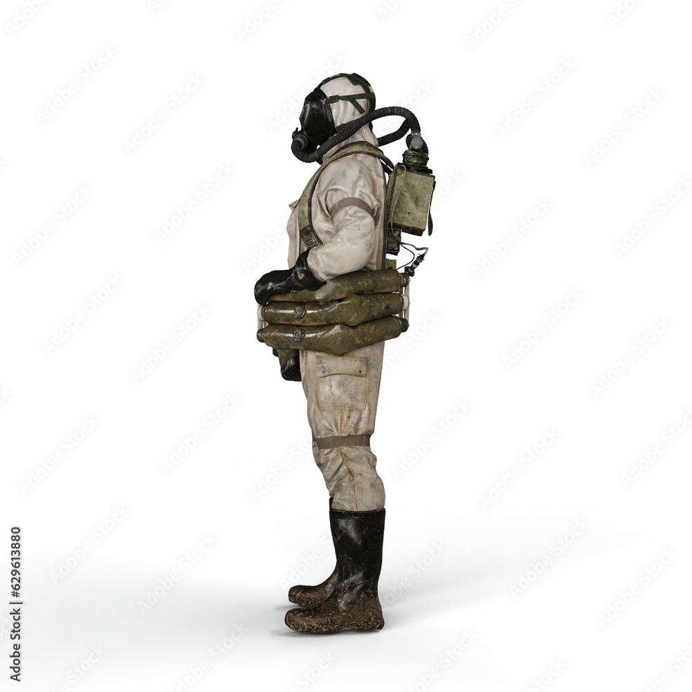 Man wearing a protective chemical suit against a white background - 3D render illustration Man wearing a protective chemical suit against a white background - 3D render illustration