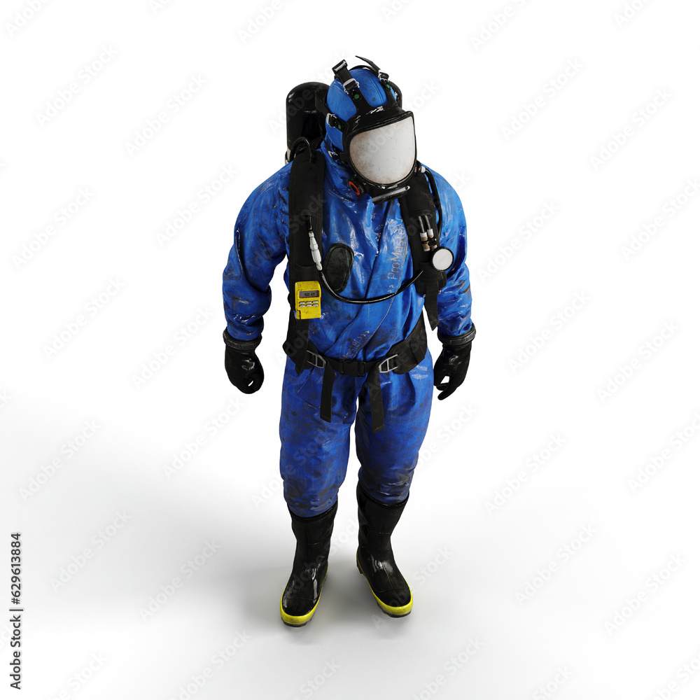 Man wearing a protective chemical suit against a white background - 3D render illustration