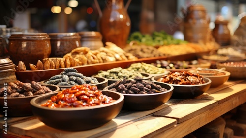 Photo of a variety of delicious food displayed on a table created with Generative AI technology