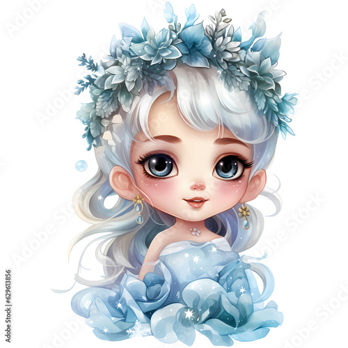 Cute little winter princess in a blue dress and crown  Watercolor illustration AI Generative