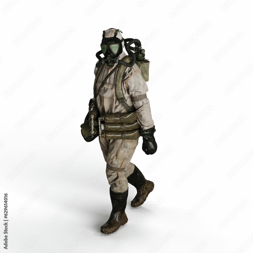 Man wearing a protective chemical suit against a white background - 3D render illustration Man wearing a protective chemical suit against a white background - 3D render illustration