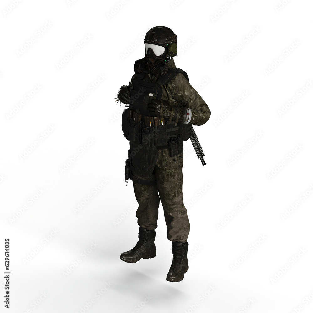 Man wearing a camouflage outfit and a gas mask, holding a rifle in his hand - 3D render Man wearing a camouflage outfit and a gas mask, holding a rifle in his hand - 3D render