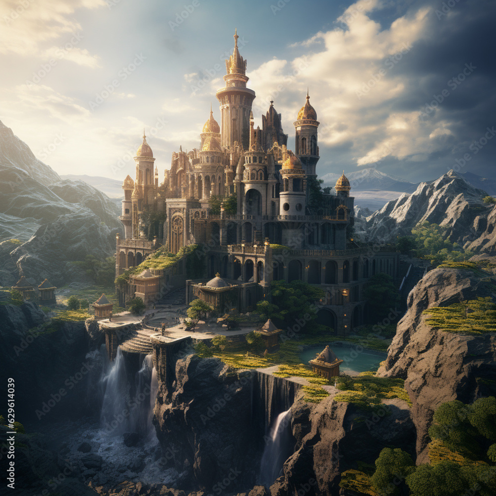 Iconic fantasy landmark: Immerse in a structure teeming with legend, anchoring a world of wonder. Perfect for epic game narratives and settings.