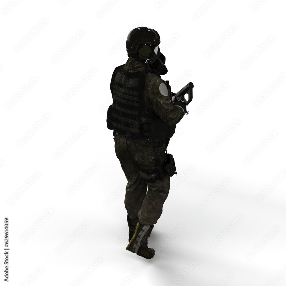 Man wearing a camouflage outfit and a gas mask, holding a rifle in his hand - 3D render