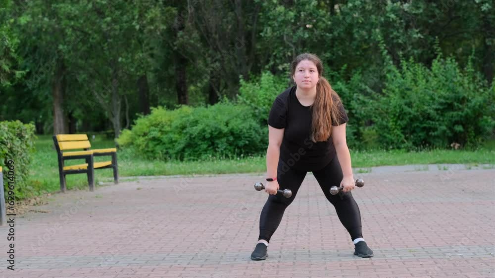 A fat girl goes in for sports outdoors, lifting dumbbells. Outdoor workout for muscle strength. Woman in sportswear exercising outdoors A fat girl goes in for sports outdoors, lifting dumbbells. Outdoor workout for muscle strength. Woman in sportswear exercising outdoors