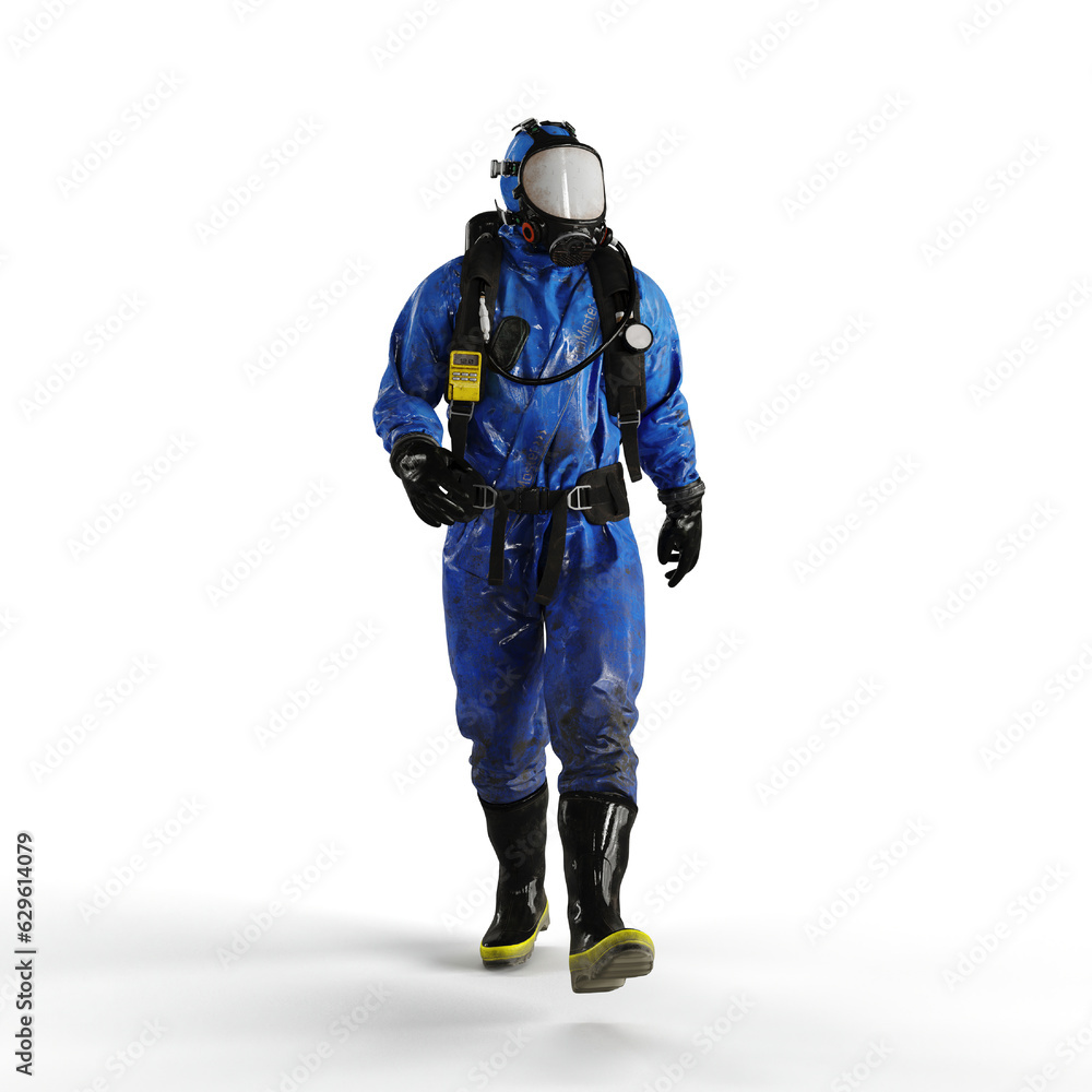 Fototapeta premium Man wearing a protective chemical suit against a white background - 3D render illustration