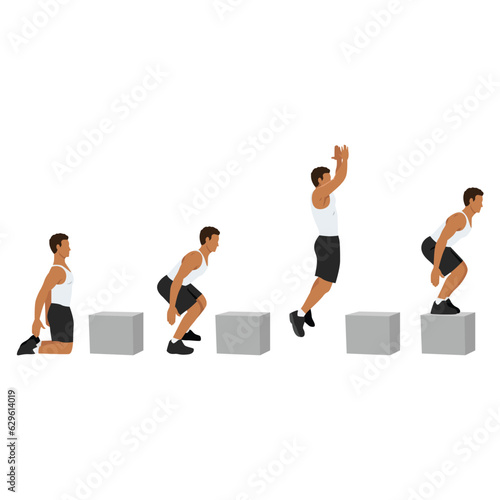 Man doing knee to box jump squat or power jump exercise. Flat vector illustration isolated on white background