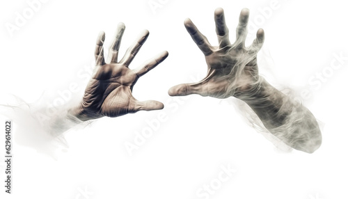 Ghostly hands reaching out from the ground, trying to escape the spirit world, Halloween ghost hands, spectral touch, haunted hands, ethereal fingers, Halloween concept photo
