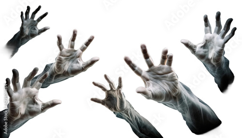 Ghostly hands reaching out from the ground, trying to escape the spirit world, Halloween ghost hands, spectral touch, haunted hands, ethereal fingers, Halloween concept