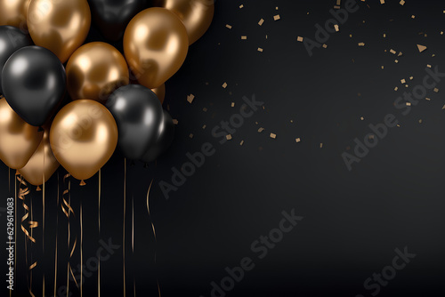 Gold balloons and luxury gifts bunch on a black wall background generative AI