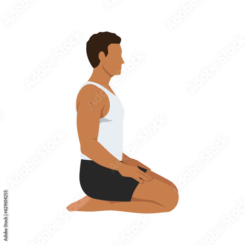 Man doing Thunderbolt Pose, Adamantine Pose, Diamond Pose. Practice Vajrasana. Flat vector illustration isolated on white background