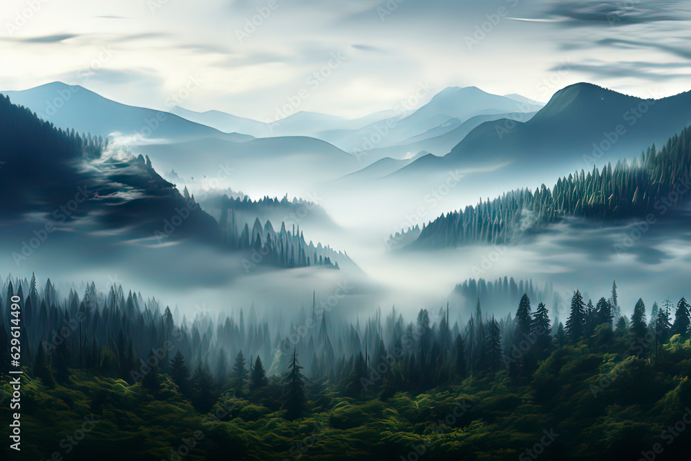 Forests and mountains with clouds and mist in the early morning. AI technology generated image
