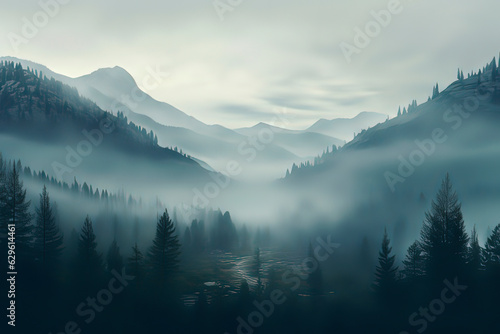 Forests and mountains with clouds and mist in the early morning. AI technology generated image