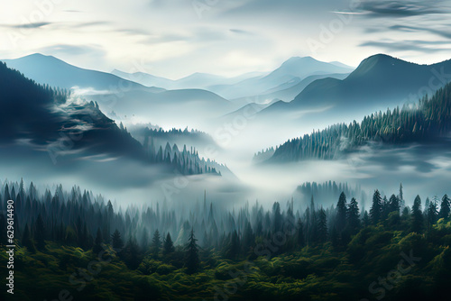 Forests and mountains with clouds and mist in the early morning. AI technology generated image © onlyyouqj
