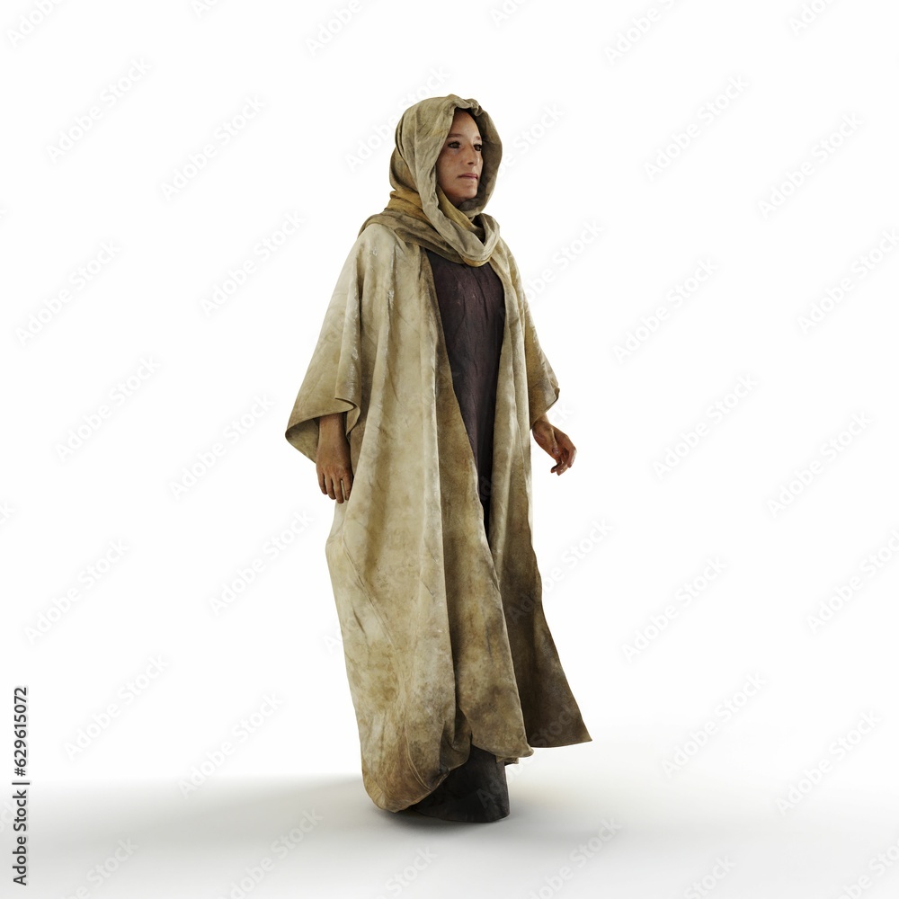 3D render of a female wearing an earth-toned headscarf and robe, against a white background 3D render of a female wearing an earth-toned headscarf and robe, against a white background