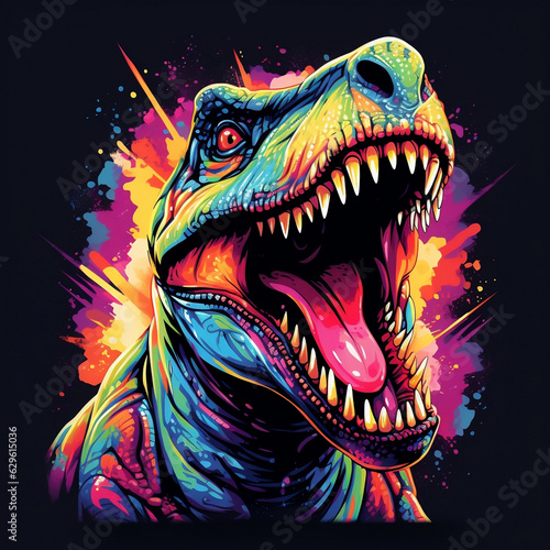 A vibrant T-Rex in neon colors  with a retro-inspired shirt design featuring geometric patterns and psychedelic elements