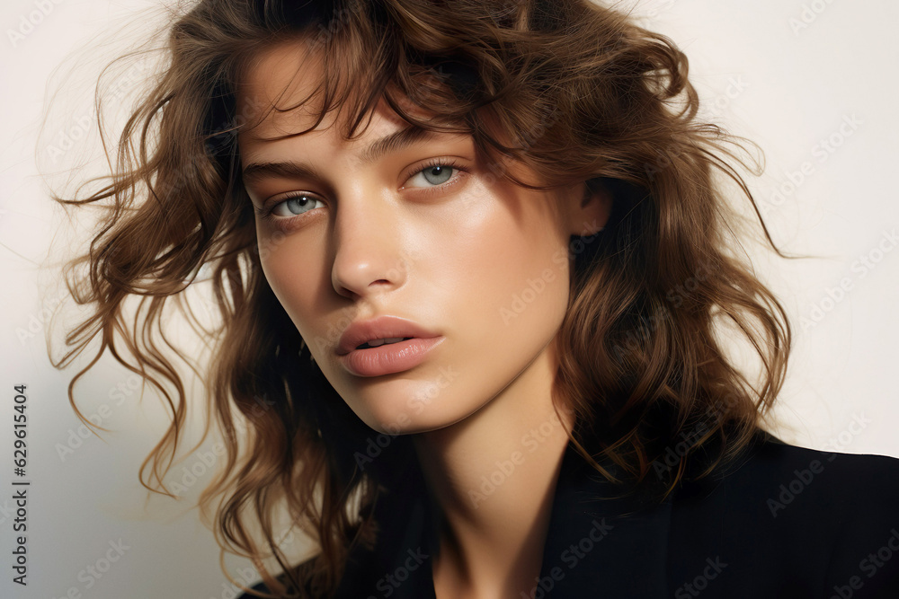 Portrait of a fashion model with green eyes wearing black blazer. Portrait of a fashion model with green eyes wearing black blazer.