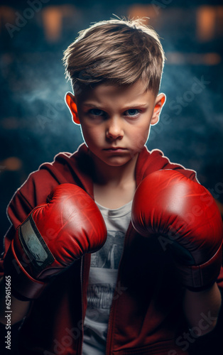 A determined-looking child puts on boxing gloves 