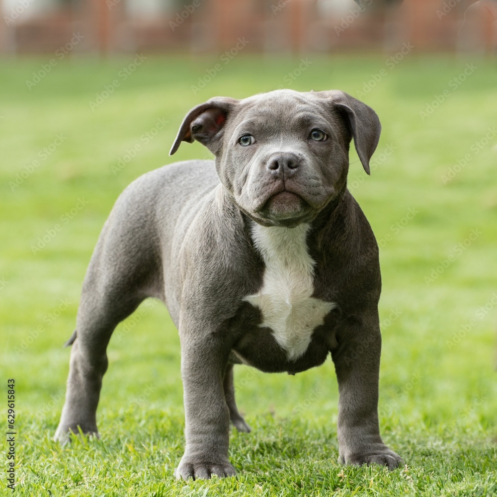 Closeup shot of a cute American Bully puppy on a grassy field Closeup shot of a cute American Bully puppy on a grassy field