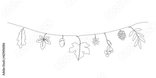 one line drawing of autumn leaves wall decorated hanging string vector