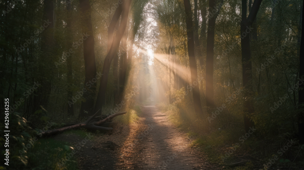 Naklejka premium Person walking on a path in the woods