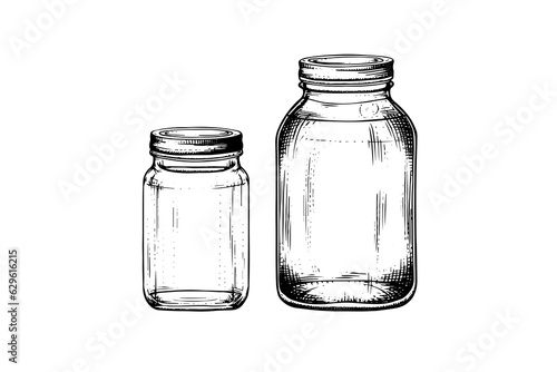 Empty glass jars ink sketch. Vector vintage black engraving illustration.