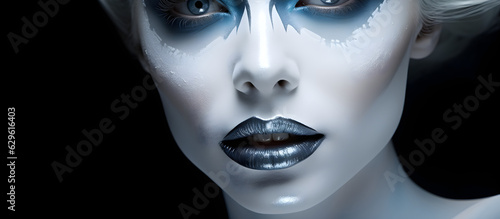 woman with blue azure black and white carnival artistic paint lips and eyes skin makeup