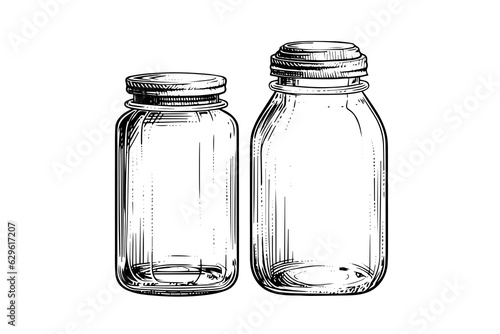 Empty glass jars ink sketch. Vector vintage black engraving illustration.