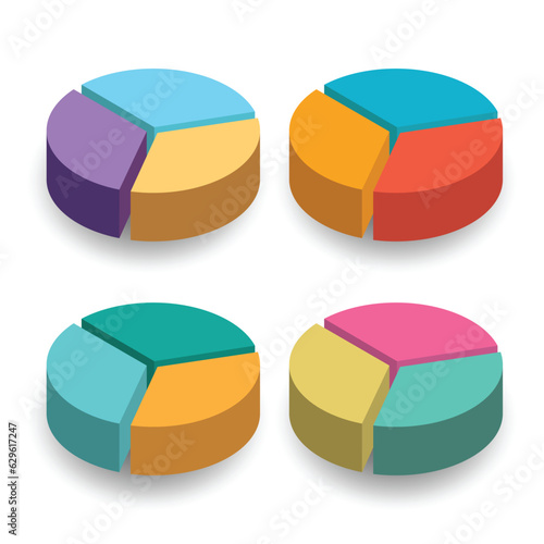 Set 4 3D colorful pie chart represents business financial economic divided into 3 parts with same portion and same height