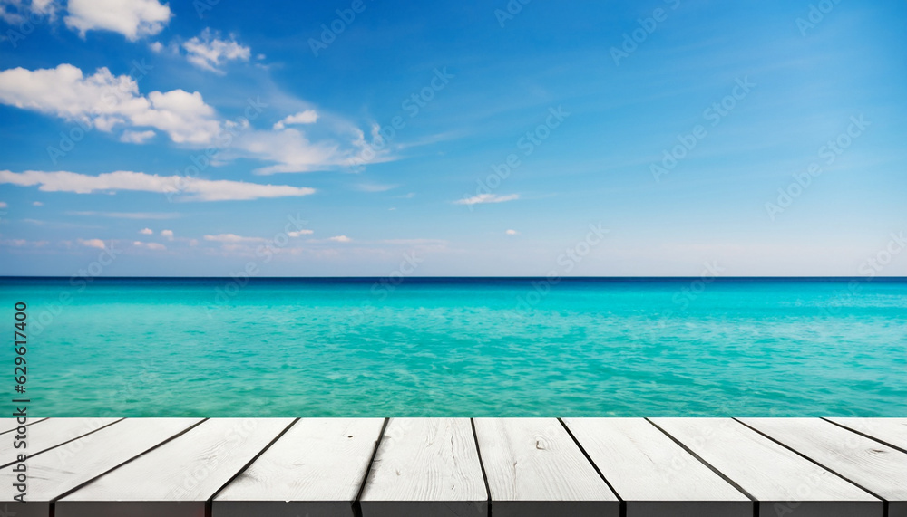 White wooden table with summer sea view on background White wooden table with summer sea view on background