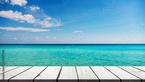 White wooden table with summer sea view on background