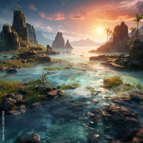 Enchanting fantasy oceanscape: Vast azure expanse filled with wonder and tales, beckoning adventurers. Prime for game worlds and sagas. © Phat Phrog Studio
