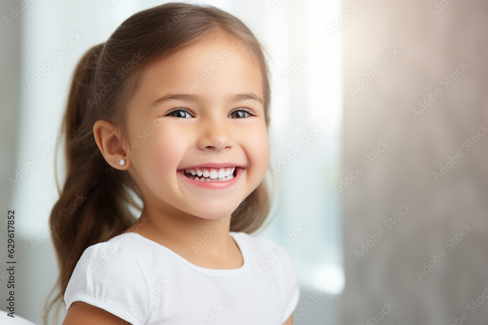 Generative AI closeup portrait of cute little infant age girl happily smiling overjoyed have fun childhood Generative AI closeup portrait of cute little infant age girl happily smiling overjoyed have fun childhood