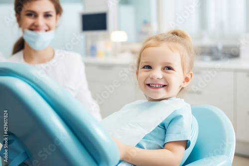 Generative AI closeup portrait of Dentist examining little boy girl child teeth in clinic healthcare concept