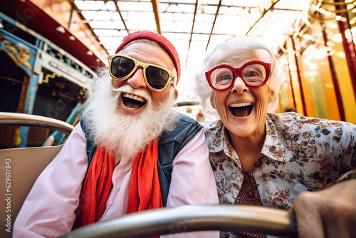 Generative AI portrait of aged old Caucasian couple man and woman show expressions while extreme roller coaster ride making selfies