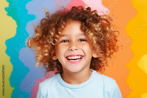 Generative AI closeup portrait of cute little small age curly hairstyle kindergarten boy happily smiling have fun childhood photo