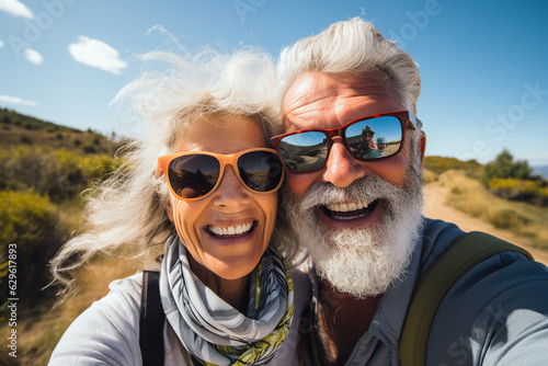 Generative AI portrait of two people retired couple spending vacation together photographing summer view