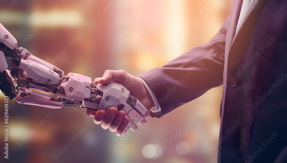 Handshake between a business robot and business man. AI vs human