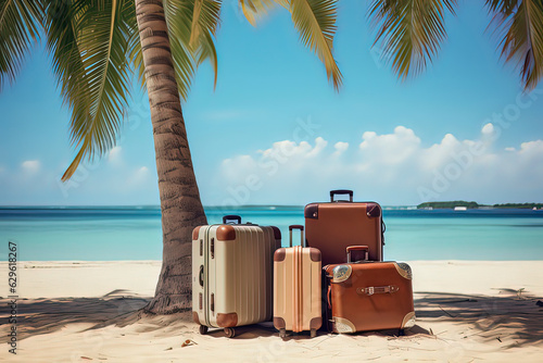 Tourism concept, luggage on the beach. AI technology generated image