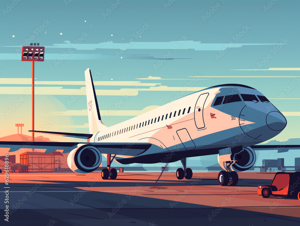 Illustration of a medium-sized commercial aircraft at an airport. In a static state and waiting for passengers.