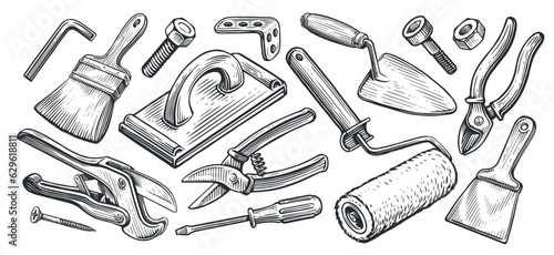 Set of tools. Construction or repair supplies. Housework concept. Sketch vector illustration