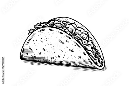 Hand drawn ink sketch of taco. Traditional mexican fast food illustration. Vector drawing.