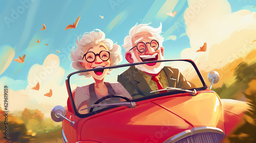Illustration of a happy elderly couple riding a car