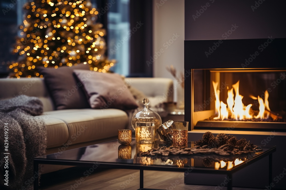 Christmas decorated evening cozy room design ,kamin and candle blurred light near sofa on front windows view on city Christmas decorated evening cozy room design ,kamin and candle blurred light near sofa on front windows view on city
